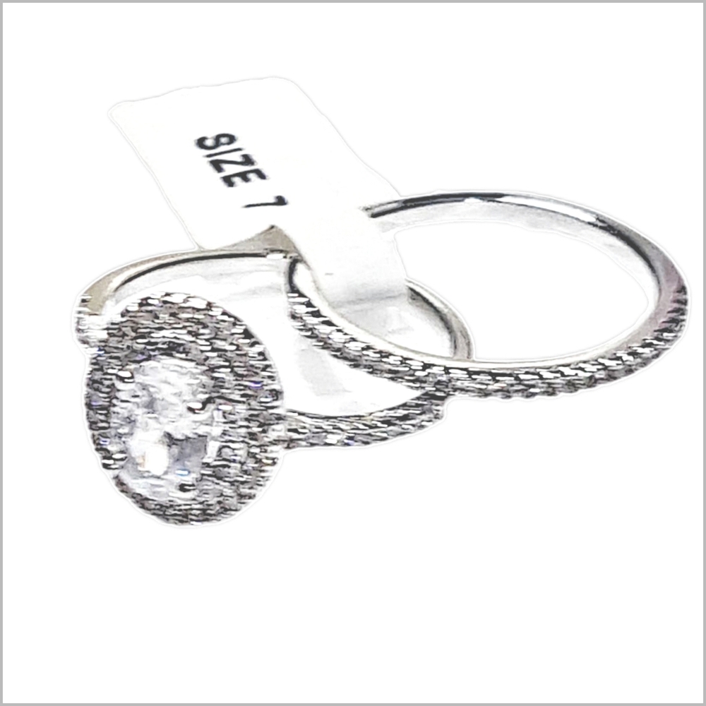 Oval Solitaire Double Halo Silver Plated Engagement Ring Set with CZ Stones. NWT